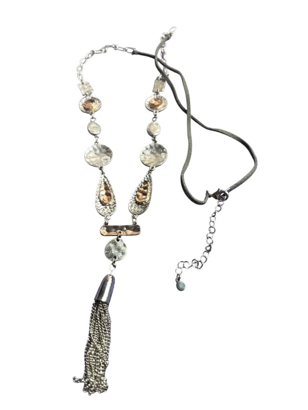 Hammered Silvertone Rose Goldtone Necklace Chain Tassel Grey Suede Cord 34-37 in